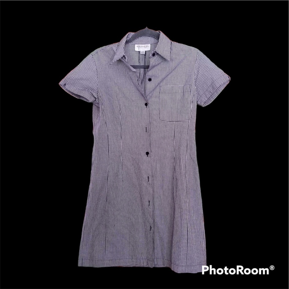Emanuel Unargo Sheath Shirt Dress Black/White Check, short sleeve Size 4, Cotton
